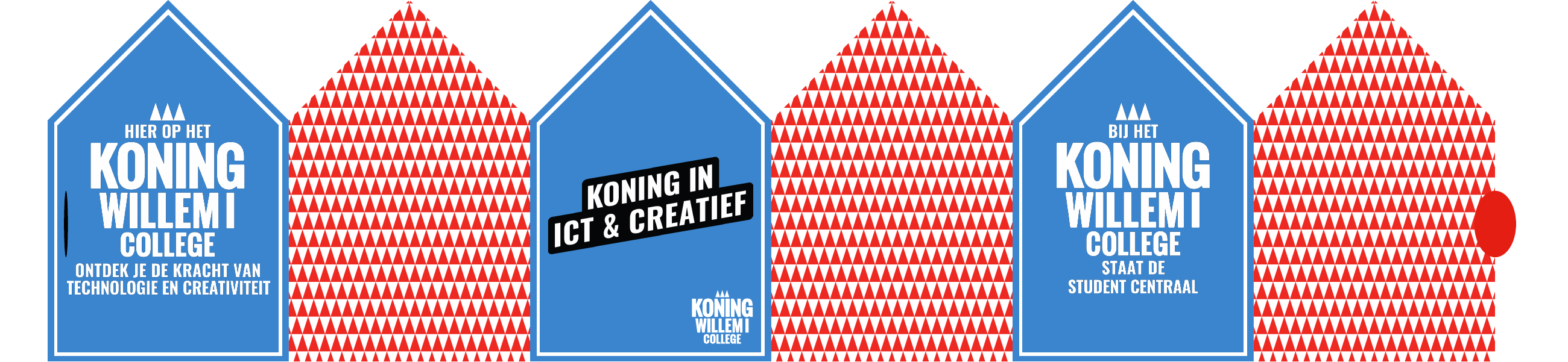 Uitgevouwen kroon met blauwe vlakken, rode driehoekpatronen en de tekst Koning in ICT & creatief voor het Koning Willem I College