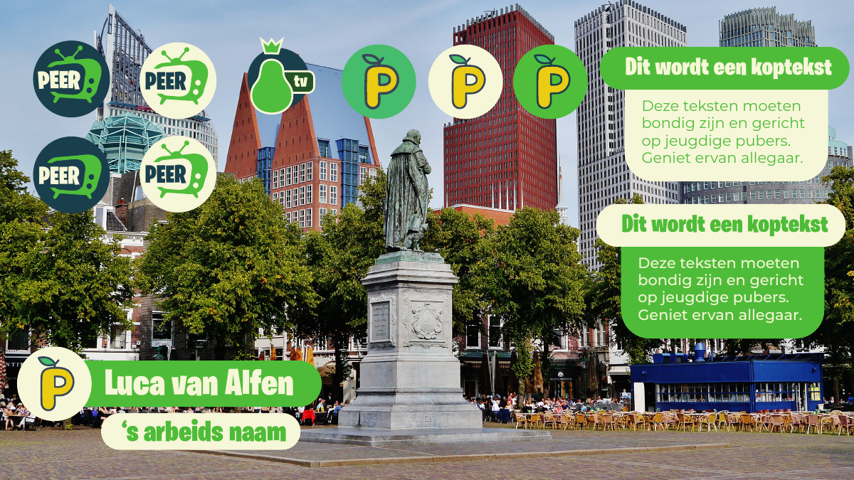 Ontwerpvoorstellen voor PeerTV-logo’s, tekstvlakken en een naambalk over een foto van Den Haag.