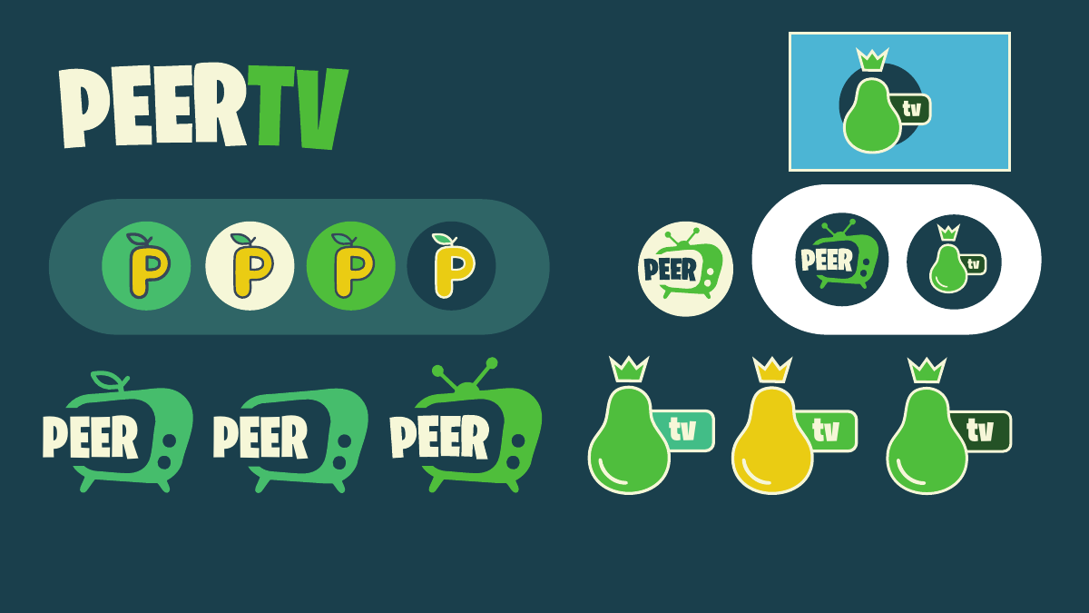 Verkenningen voor PeerTV: een letter P met blaadje, televisies met een blaadje of antenne, en peren met een kroontje.