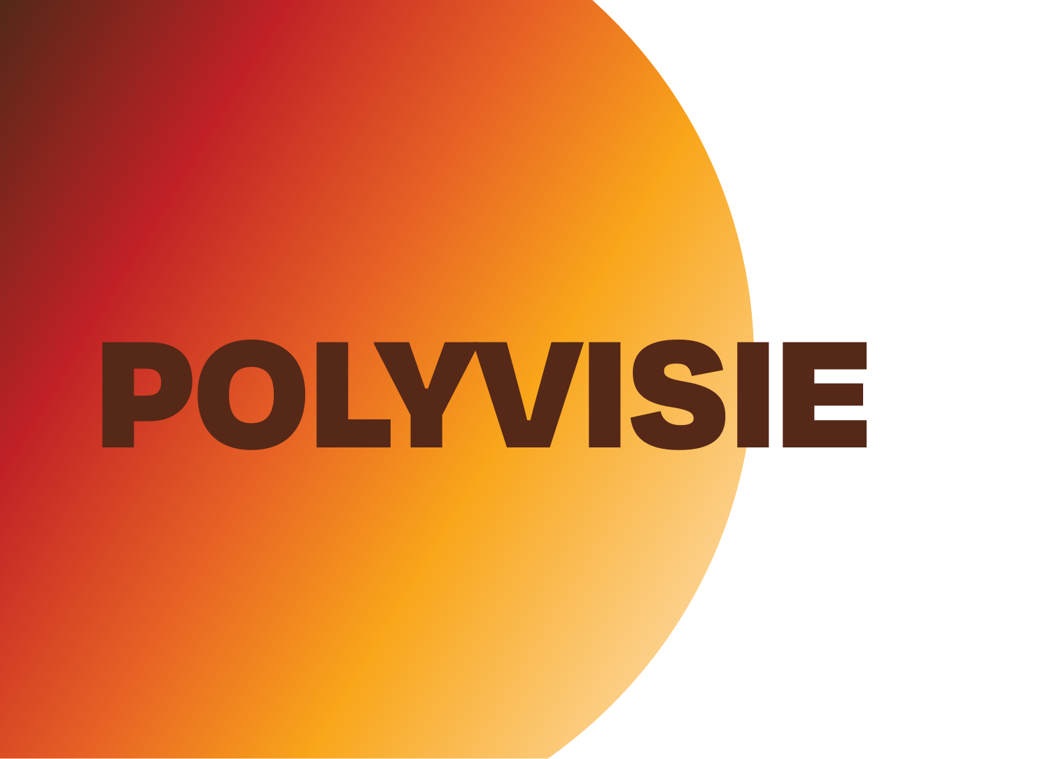 Polyvisie-presentatiekaartje met grote donkerbruine letters en een ronde vorm in rood, oranje en geel